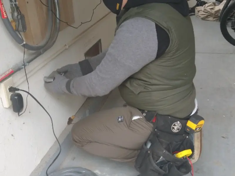 Electrician performing outlet wiring in a Belleville garage